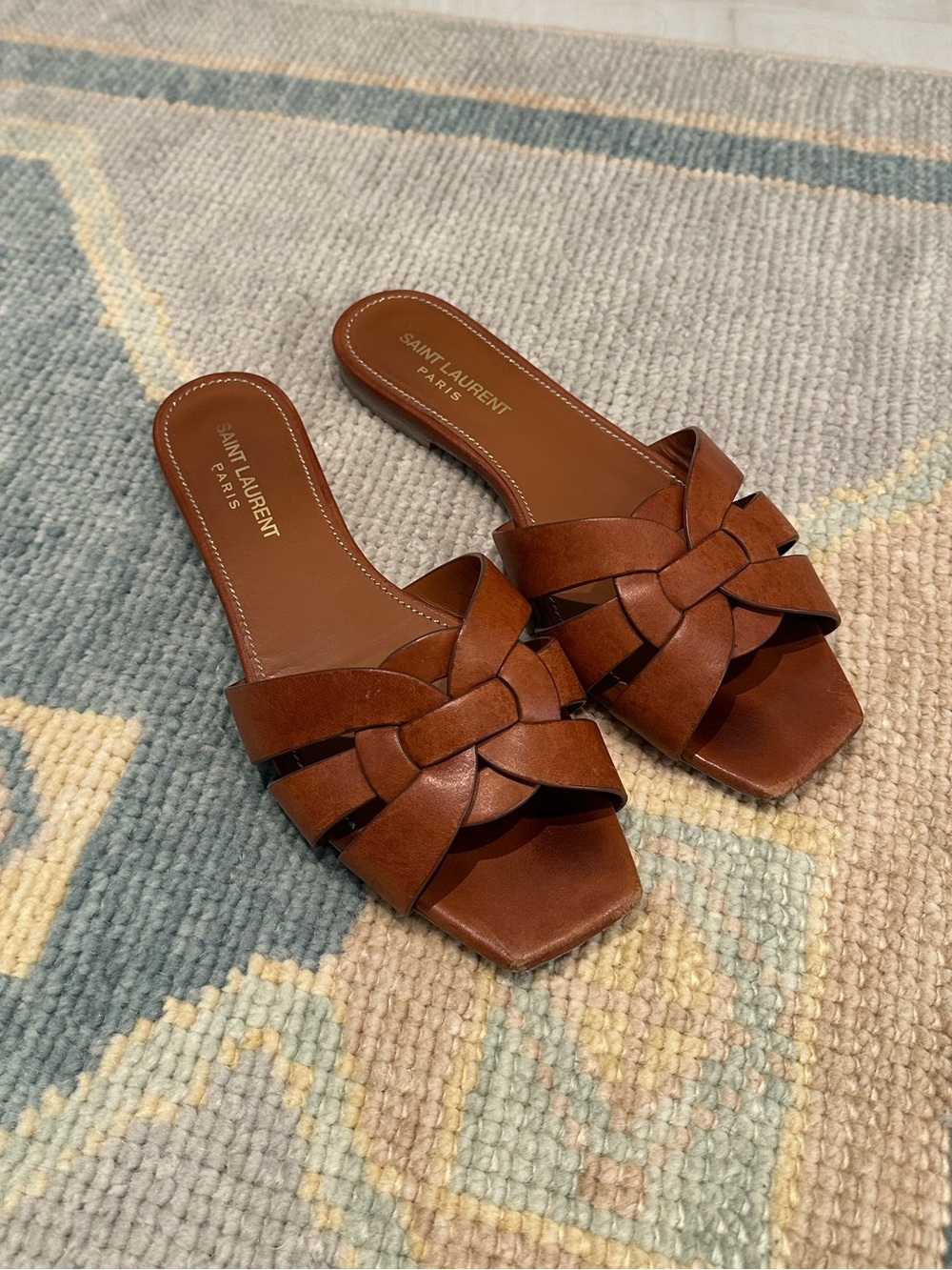 Saint Laurent Tan Tribute Mules in Amber - Picture 2 of 8